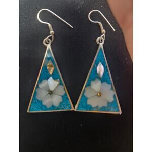 Vtg. Taxco Mexico sterling 925  tri angle turquoise inlay dangle earrings